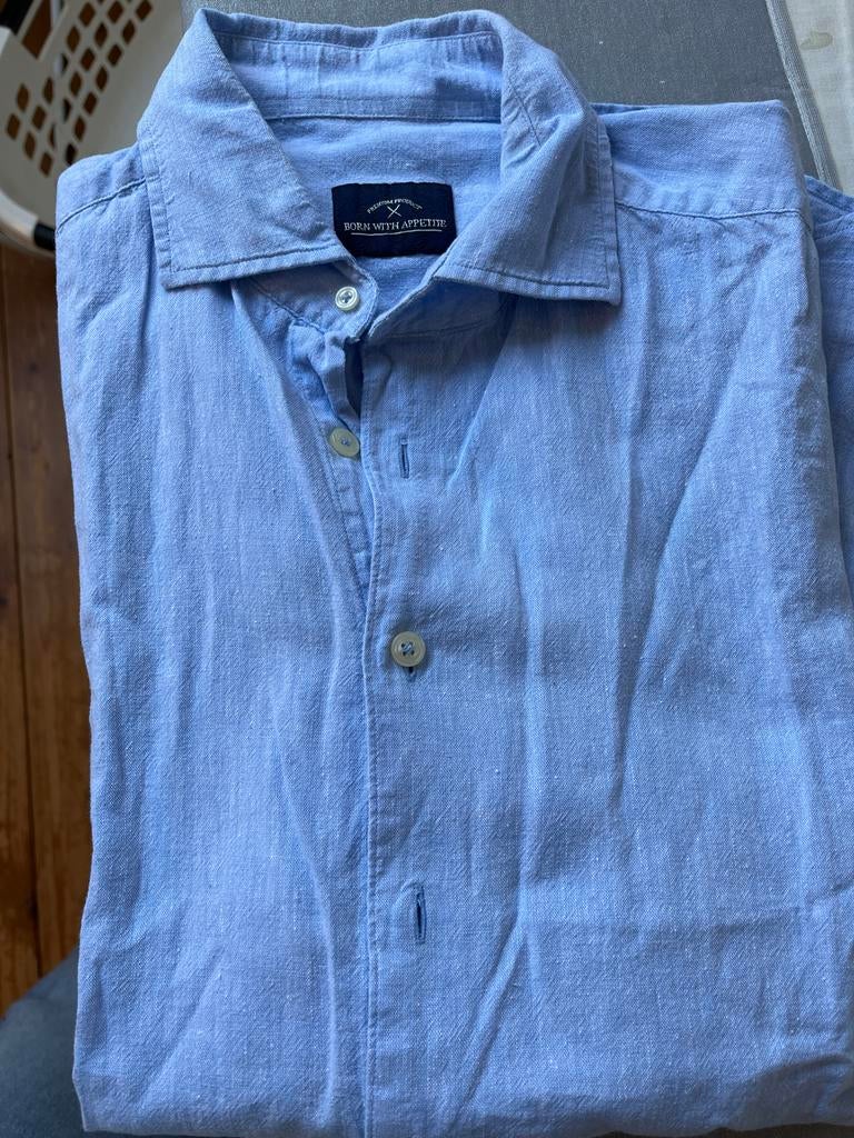 Lichtblauwe linnen heren blouse - Zo goed als nieuw, Ophalen, Zo goed als nieuw, Blauw, Halswijdte 39/40 (M)