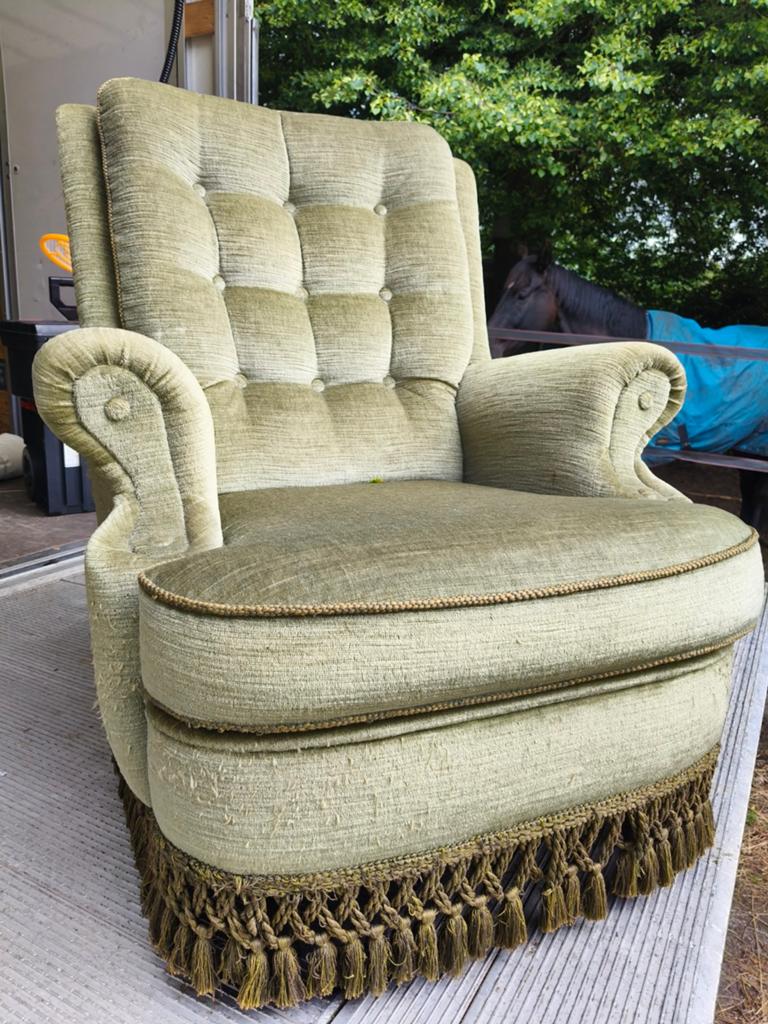 Vintage fauteuil in groen met franjes, Ophalen of Verzenden