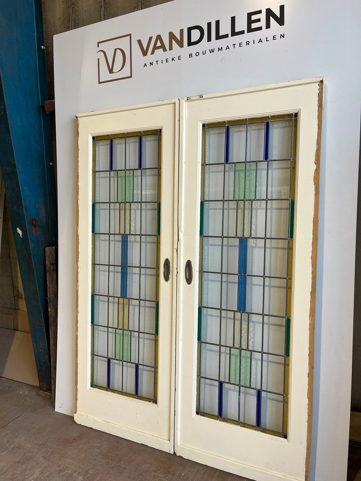 Antieke ensuite schuifdeuren glas in lood kleur 212 x 155, Gebruikt, 120 cm of meer, Binnendeur, Ophalen of Verzenden