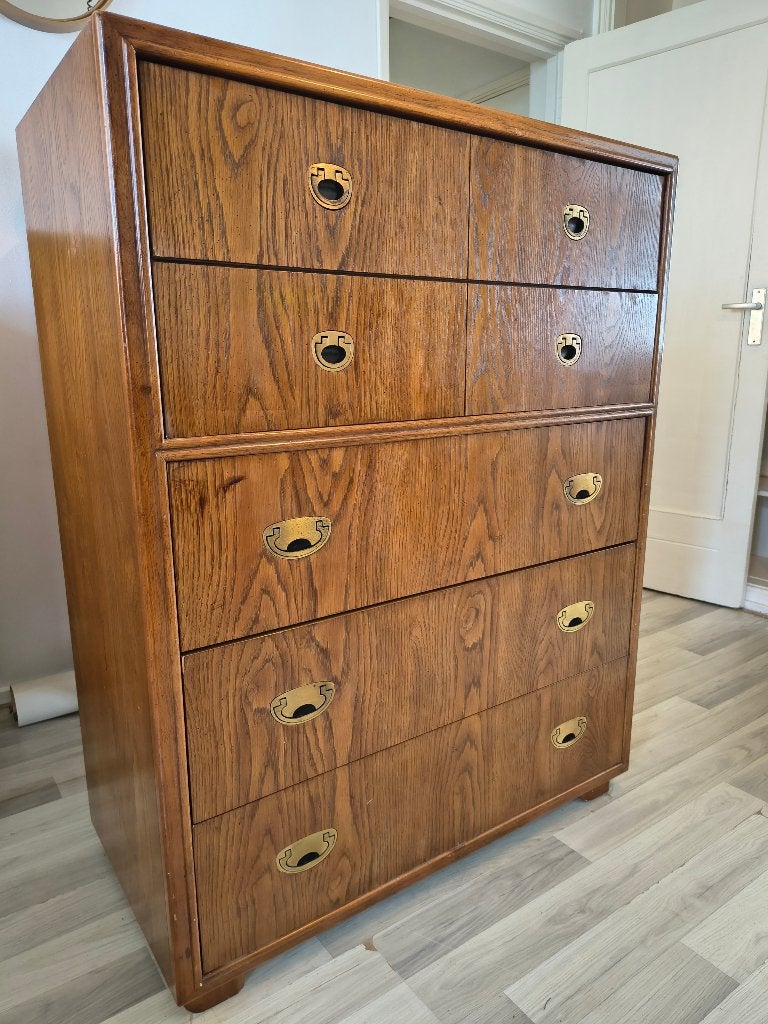 Vintage Drexel Heritage Highboy Ladekast | Mid-Century Eiken, 5 laden of meer, 100 tot 150 cm, Drexel Heritage, Zo goed als nieuw