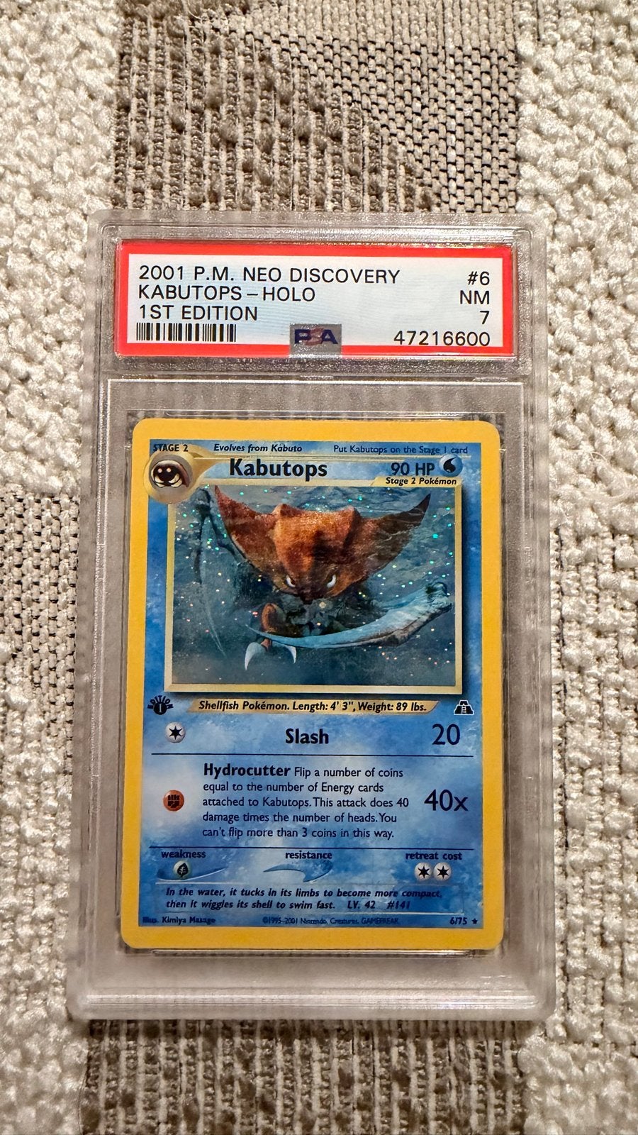 Kabutops Holo 1st Edition PSA 7 Neo Discovery Pokemon, Ophalen of Verzenden, Zo goed als nieuw, Losse kaart, Foil