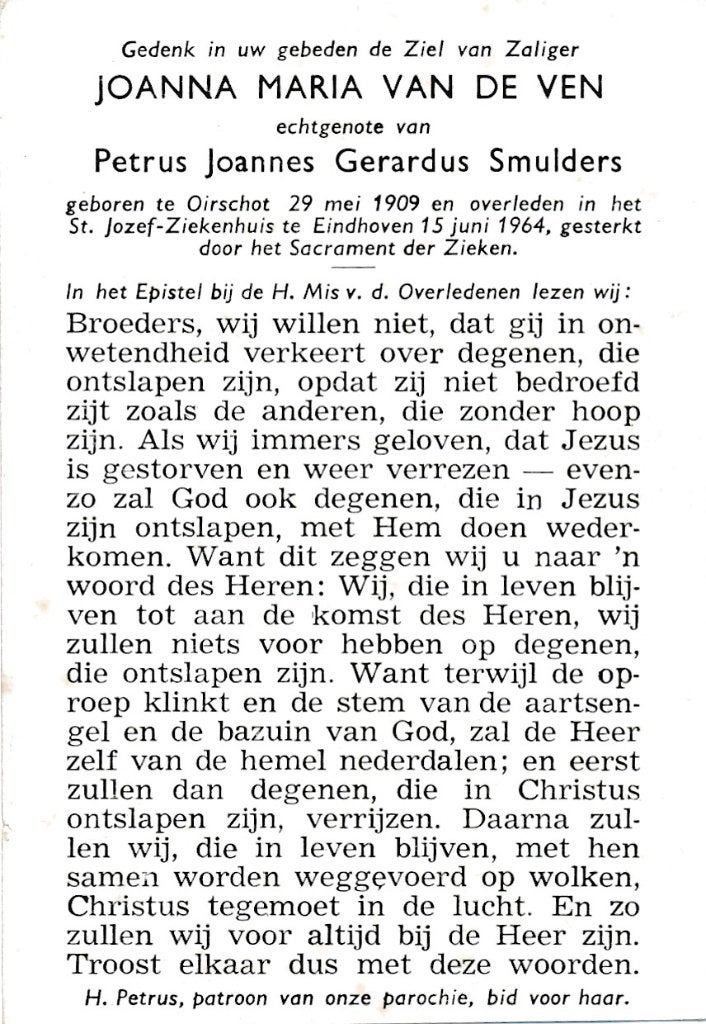 Ven Joanna 1909 Oirschot 1964 Eindhoven, Verzamelen, Bidprentjes en Rouwkaarten, Ophalen of Verzenden, Bidprentje