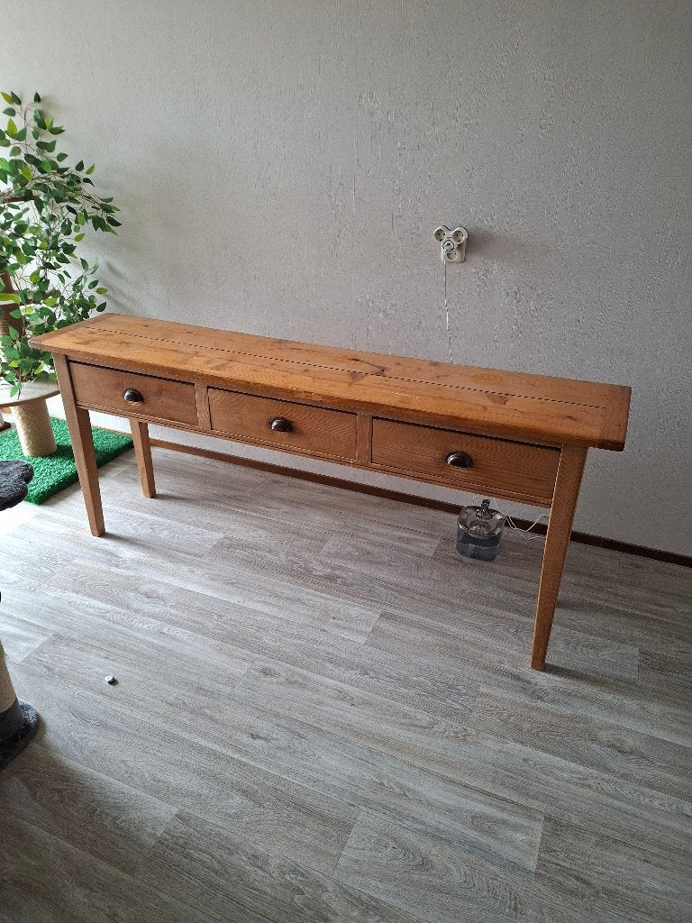 Massief grenen sidetable met 3 lades – 186 cm, Ophalen, Gebruikt, 150 tot 200 cm, Grenenhout