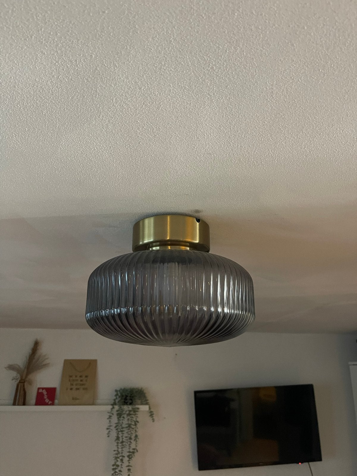 IKEA SOLKLINT plafondlamp, messing/grijs helder glas, Ophalen, Inclusief lichtbron, Plafondlamp, IKEA