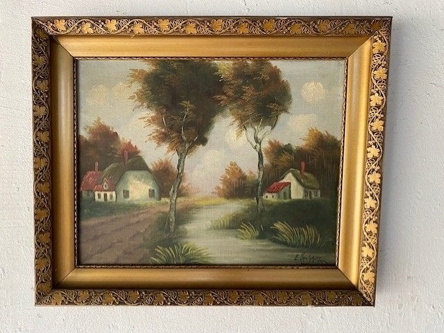 Olieverfschilderij  met landschap / beek E van Gaver, Ophalen, Doek, Bijzondere lijst, Landschap
