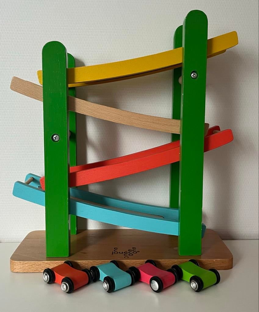 Baby speelgoed Joue&co Houten Autobaan Racebaan met 4 Auto's, Ophalen of Verzenden, Zo goed als nieuw