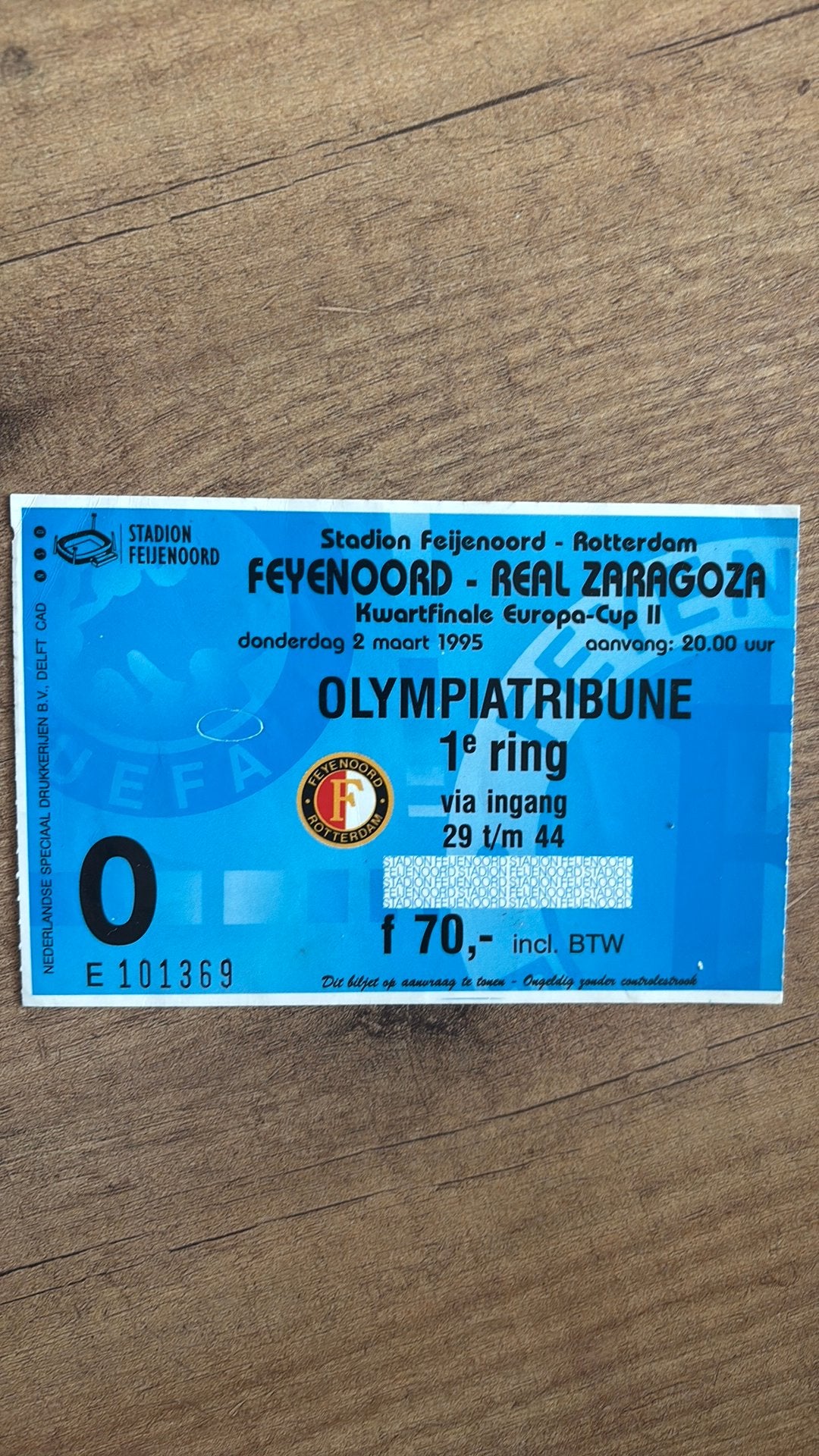 Oud stadionticket feyenoord zaragoza 1995, Ophalen of Verzenden, Feyenoord