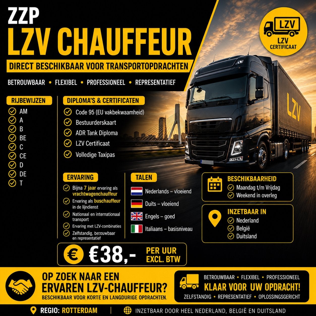 ZZP LZV chauffeur zoekt werk, Vacatures, Vacatures | Chauffeurs, Vanaf 10 jaar, Freelance of Uitzendbasis, 33 - 40 uur
