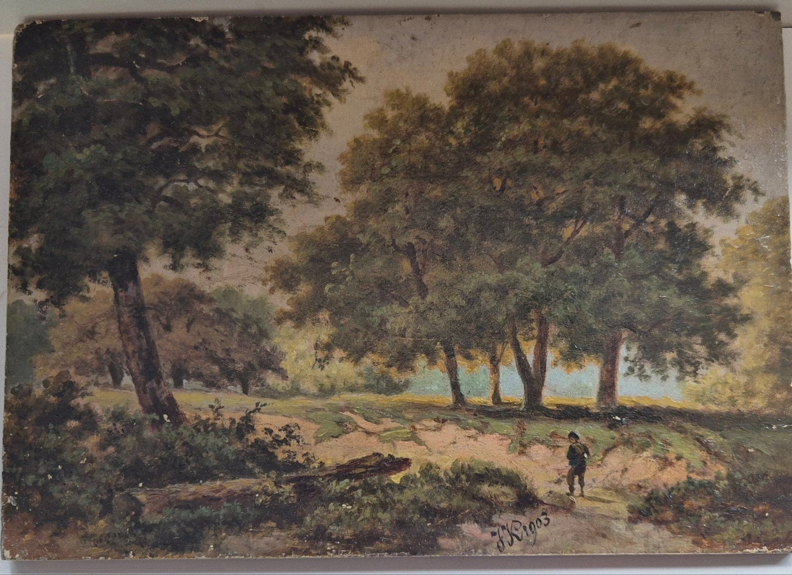 Oud Hollands Landschap Schilderijtje monogram  JK 1903, Verzenden