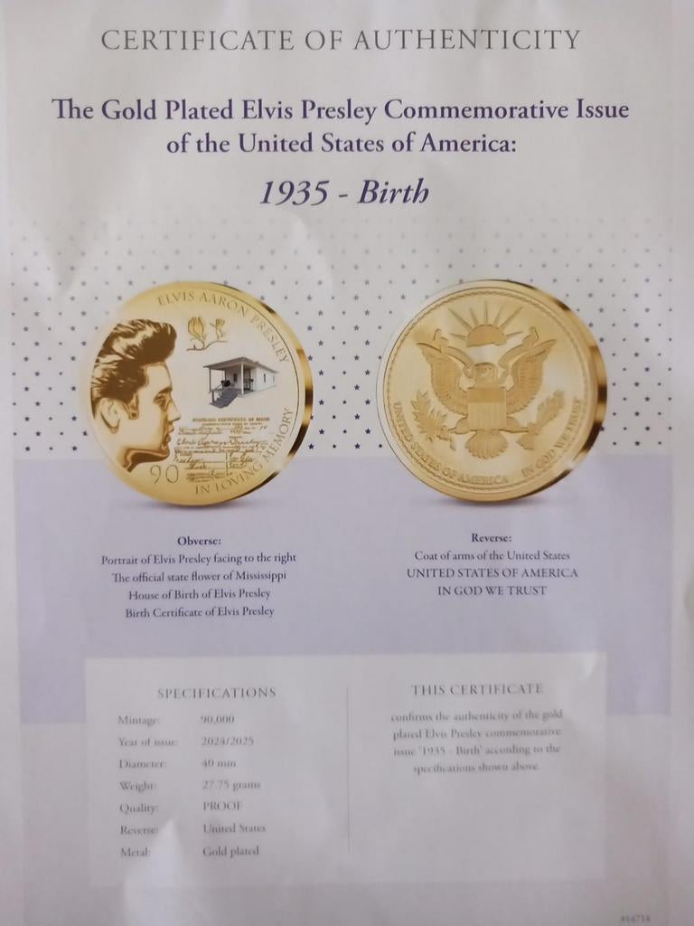 Zeldzame Gold Plated Elvis Presley Herdenkingsmunt, Ophalen of Verzenden, Noord-Amerika, Losse munt, Goud