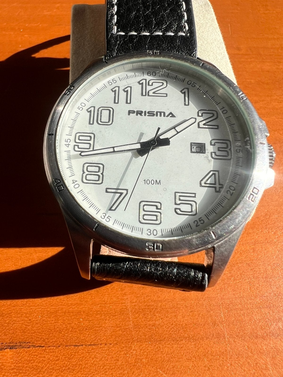 Prisma Herenhorloge 100M – Leren Band – Datum – RVS, D, Zwart, Ophalen of Verzenden, Zo goed als nieuw