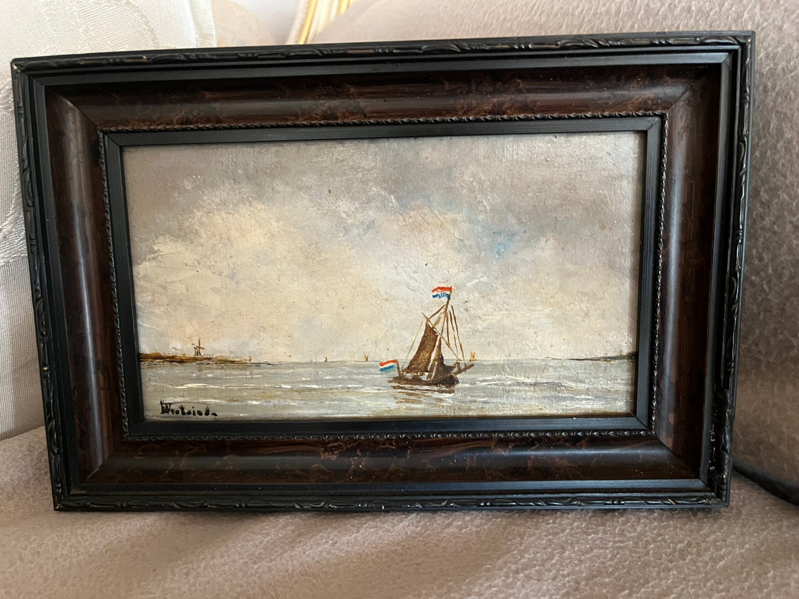 Antiek olieverf miniatuur kust met boten schilderij, Antiek en Kunst, Ophalen