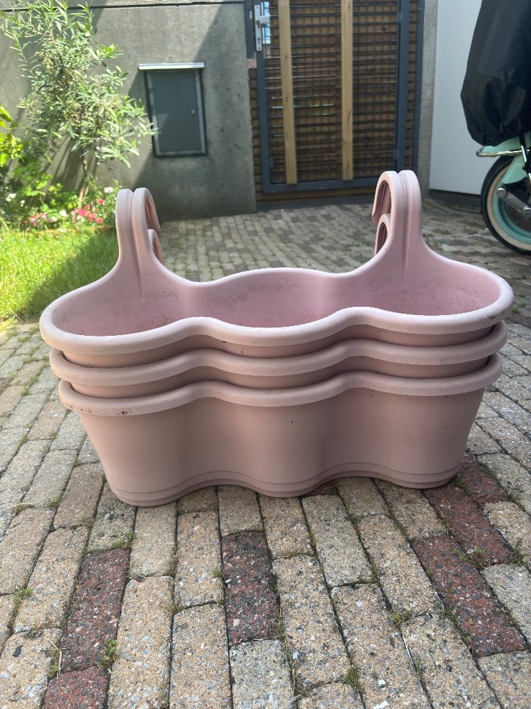 3 roze balkon bloembakken, Ophalen, Kunststof, Gebruikt, Balkon