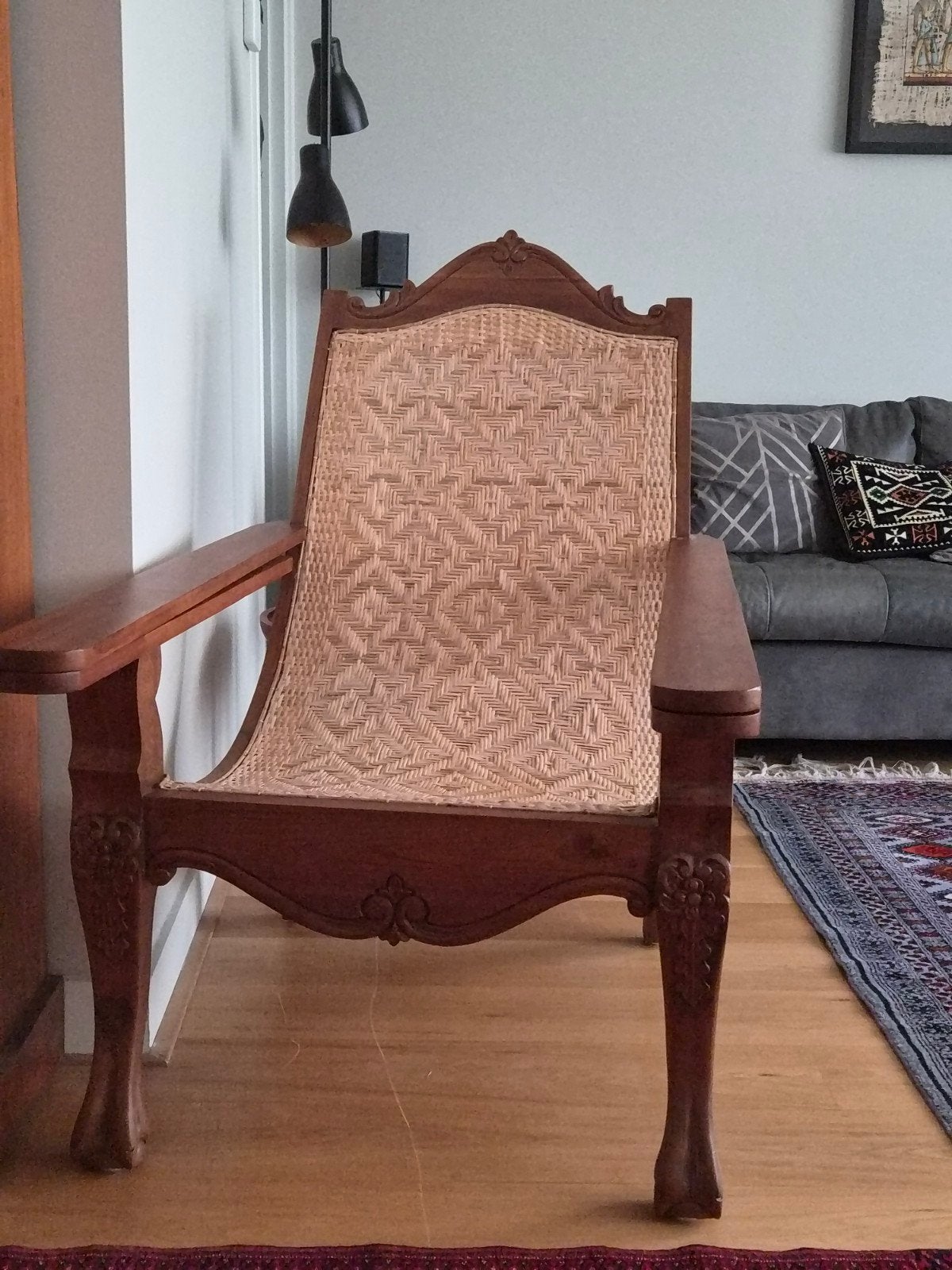 Antieke Teakhouten Plantagestoel met Rotan Zitting, Antiek en Kunst, Ophalen