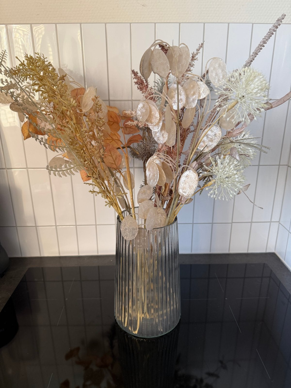 Stijlvolle vaas met boeket, Inclusief droogbloemen, Meerkleurig, Ophalen of Verzenden, Glas