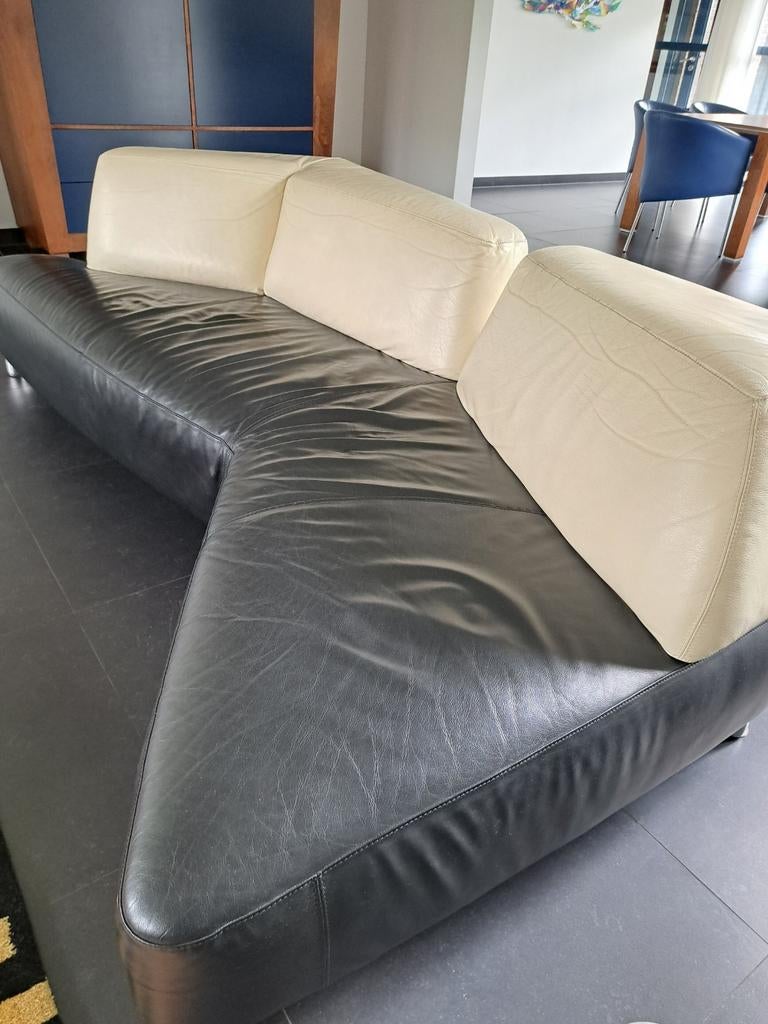 Leolux Archipel bank - Zwart/Crème leer, Ophalen, Gebruikt, 100 tot 125 cm, Driepersoons
