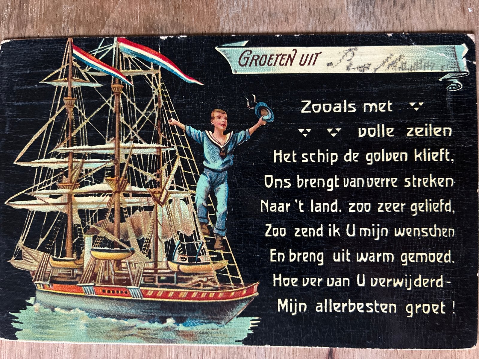 Oude ansichtkaart Rotterdam met zeilschip en matroos, Ophalen of Verzenden, Voor 1920, Gelopen, Zuid-Holland