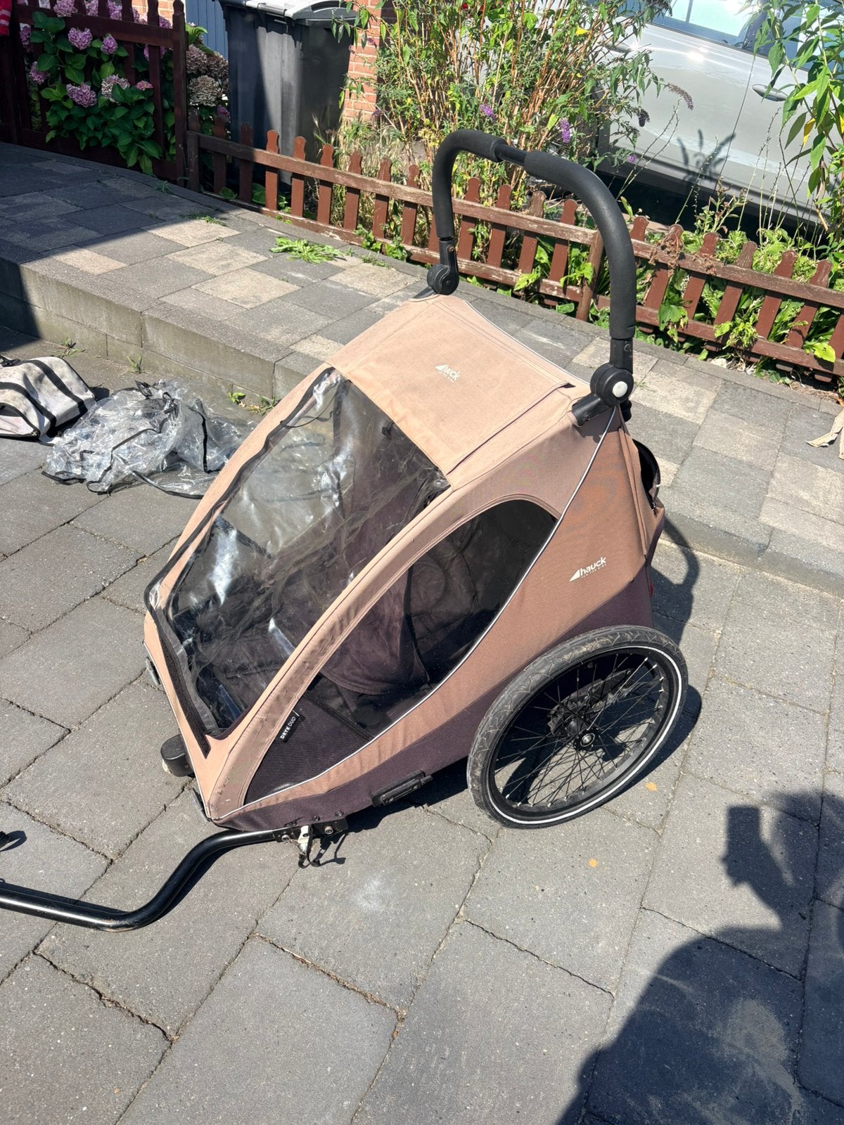 Hauck fietskar, Fietsen en Brommers, Fietsaccessoires | Aanhangers en Karren, Ophalen, Gebruikt, Vering, Kinderkar