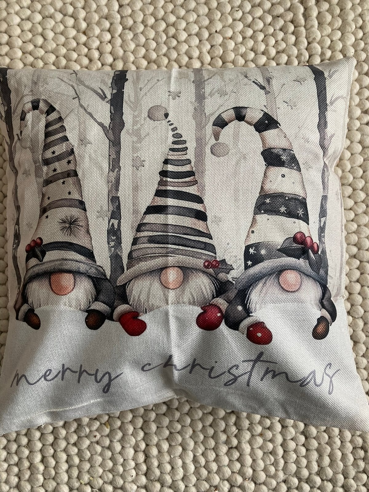 Kerst print gnoom kerstkabouters Merry Christmas ecru zwart, Met print, Beige, Vierkant, Nieuw