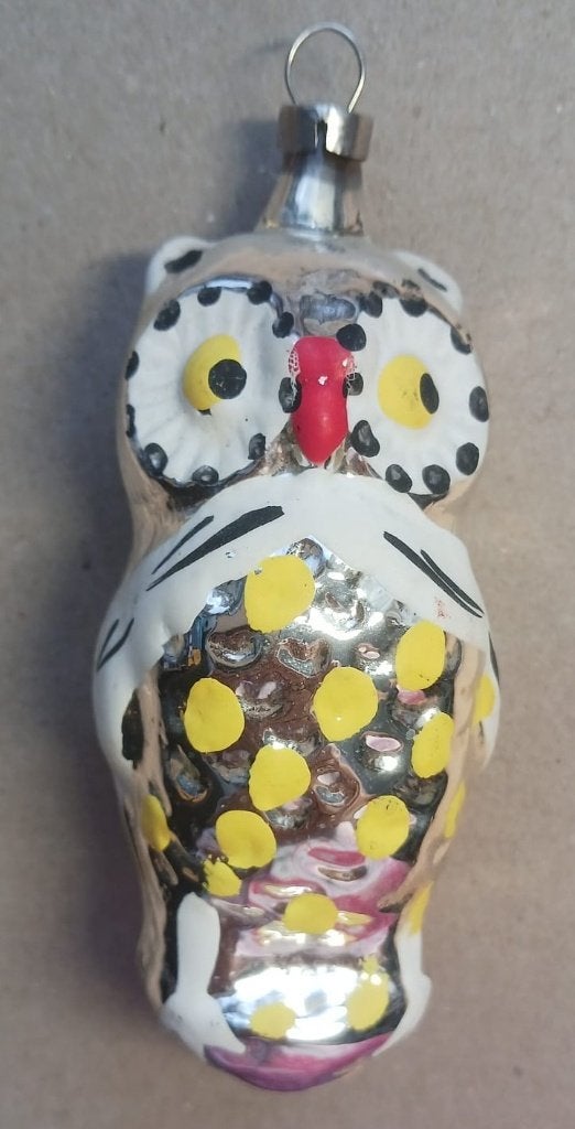 Vintage kerstornament zilveren uil met geel, Ophalen of Verzenden, Gebruikt
