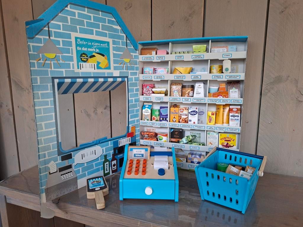 AH Mini 's. Houten supermarkt met kassa en boodschappen, Kinderen en Baby's, Speelgoed | Educatief en Creatief, Gebruikt, Ontdekken