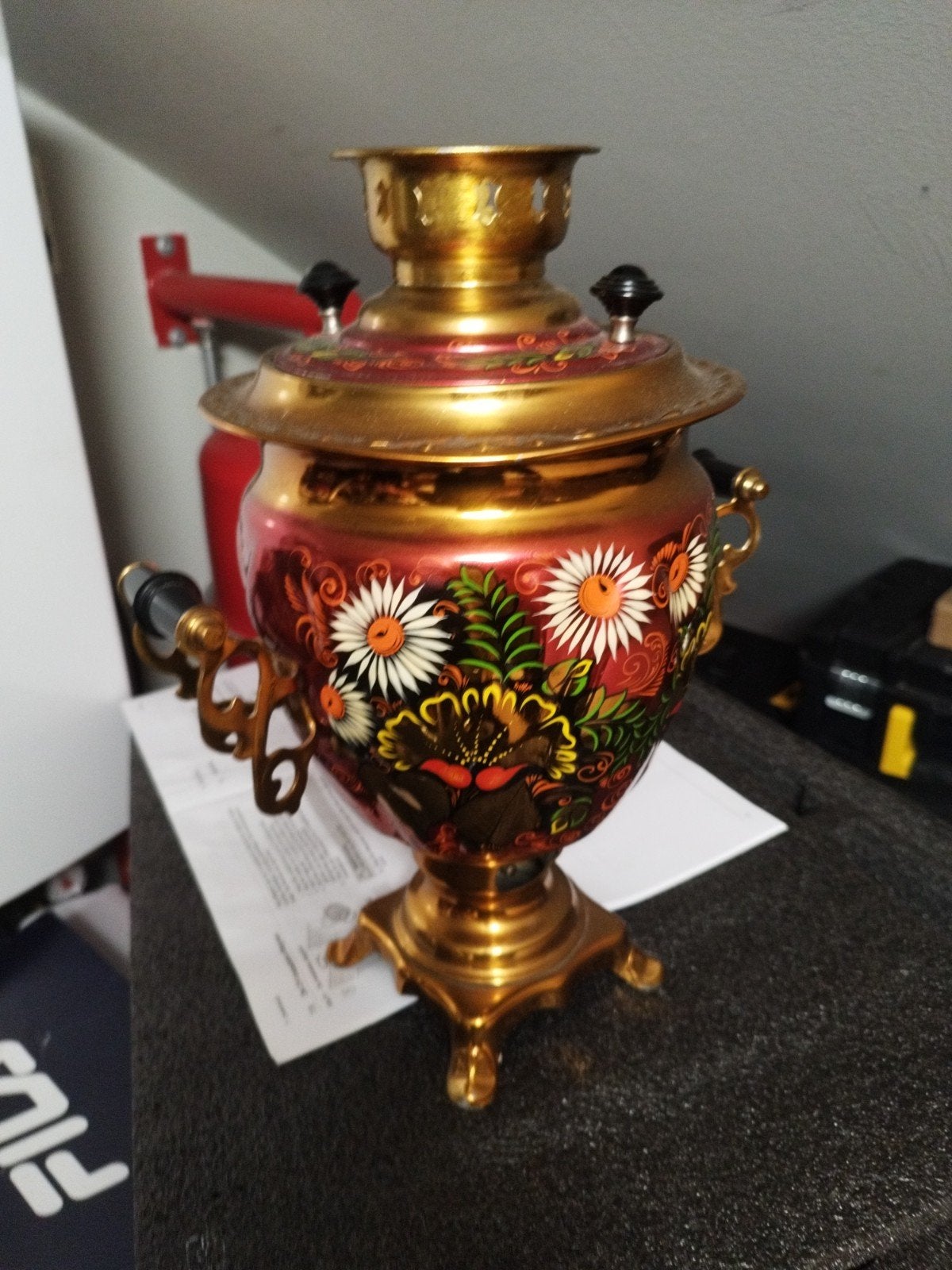 Antieke Russische Samovar - Rood met bloemmotief, Ophalen of Verzenden