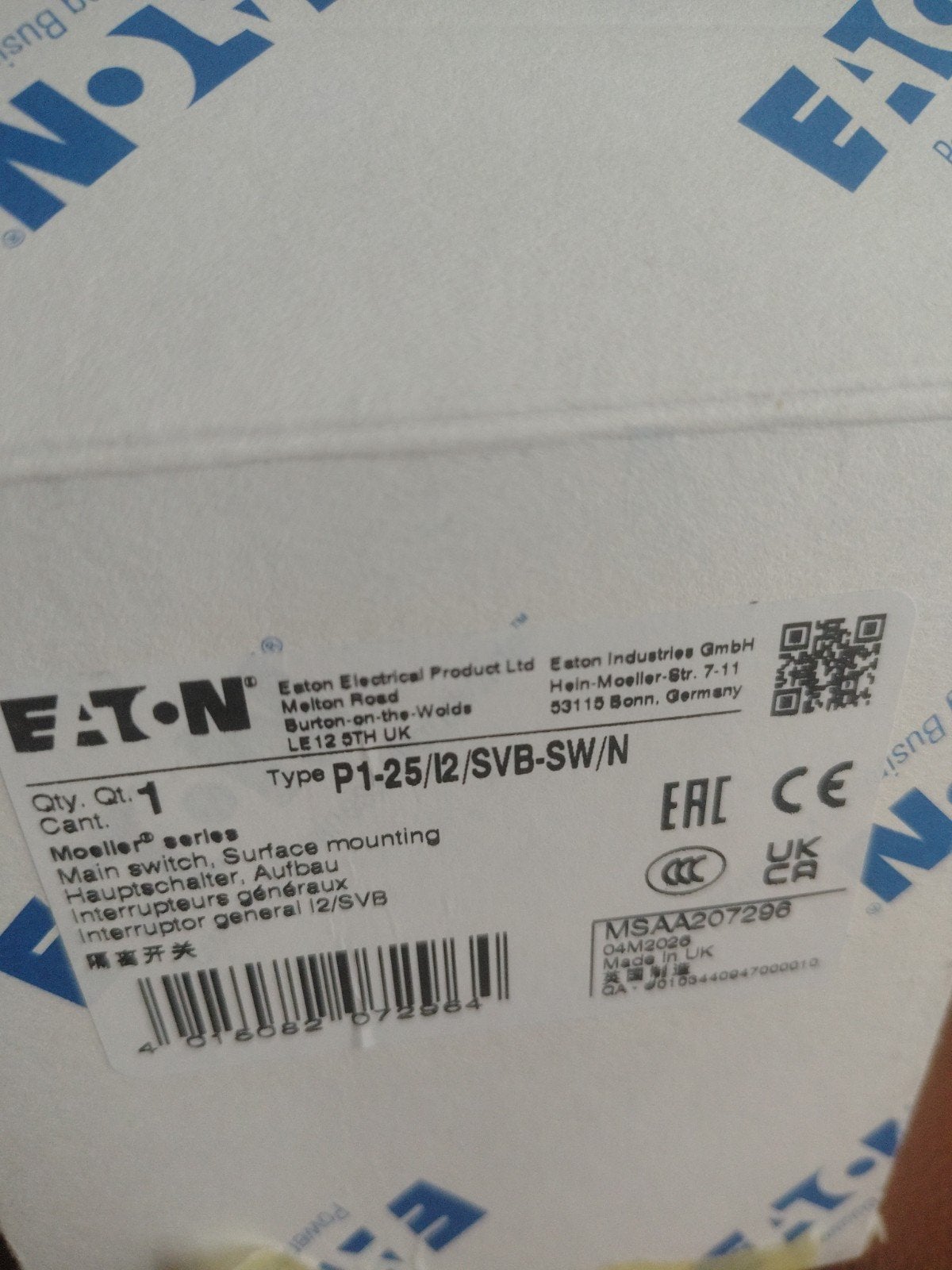 Eaton P1-25/I2/SVB-SW/N Hoofdschakelaar Opbouw, Ophalen of Verzenden, Nieuw, Schakelaar