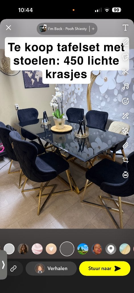 Eettafel zwart smoked met stoelen, Huis en Inrichting, Tafels | Eettafels, Ophalen, Gebruikt, 50 tot 100 cm, Glas