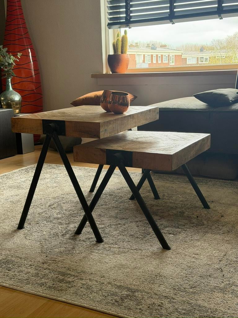 Industriële salontafel set – massief hout & staal (2 stuks), Ophalen, 50 tot 100 cm, Vierkant, 50 tot 100 cm
