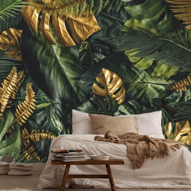 Groene bladeren met goud fotobehang Vlies 368x254cm, Verzenden, Fotobehang