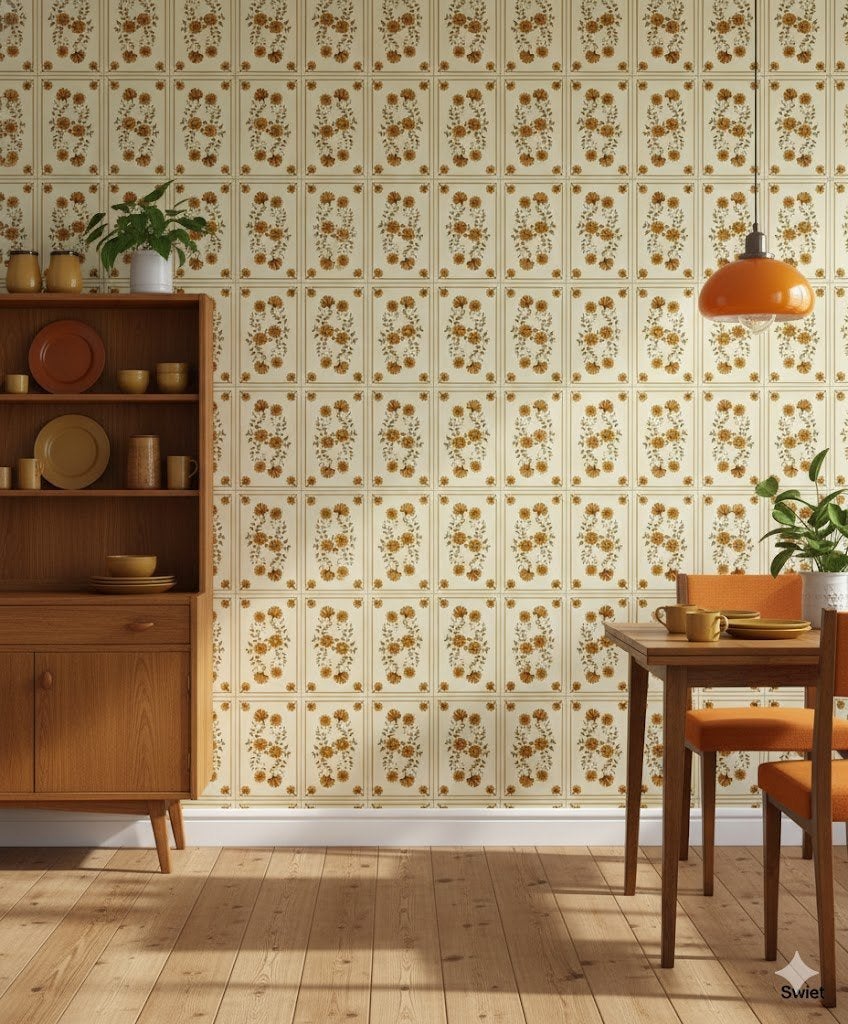 7184 oranje bruin bloemen vintage behang 70s retro swiet, Huis en Inrichting, Stoffering | Behang, Verzenden, Oranje