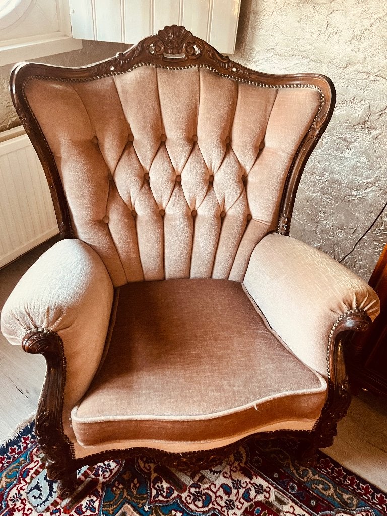 Vintage fauteuil met houten frame en stoffen bekleding, Ophalen, Gebruikt, Stof, Eén