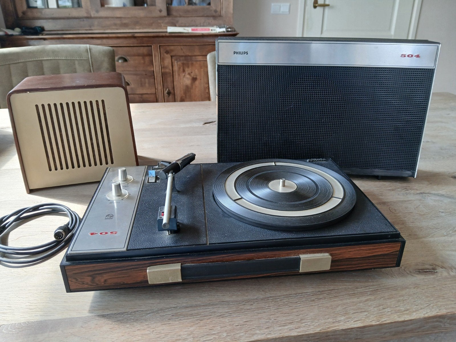 Philips 504 Vintage Kofferplatenspeler + Houten Speaker, Audio, Tv en Foto, Platenspelers, Ophalen, Gebruikt, Platenspeler, Philips