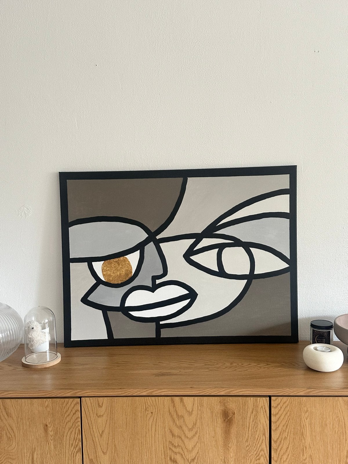 Abstract gezicht schilderij met gouden accent, Ophalen, Abstract, Acrylverf, Handgeschilderd