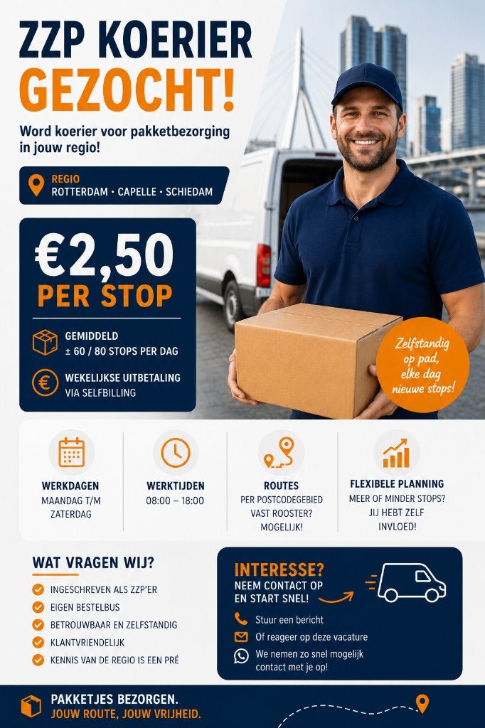 ZZP KOERIERS GEZOCHT – EIGEN BUS | €2,50 PER STOP, 33 - 40 uur, Overige niveaus, Overige vormen