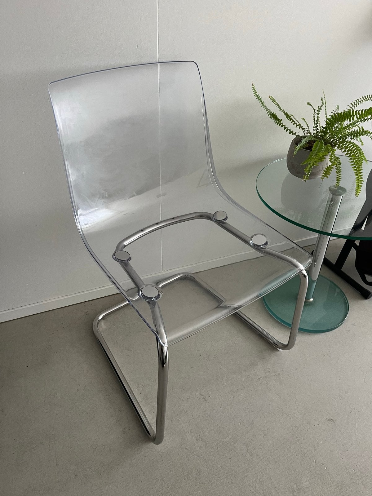 Ikea stoel Tobias transparant met chromen onderstel, Ophalen, Kunststof, Gebruikt, Overige kleuren