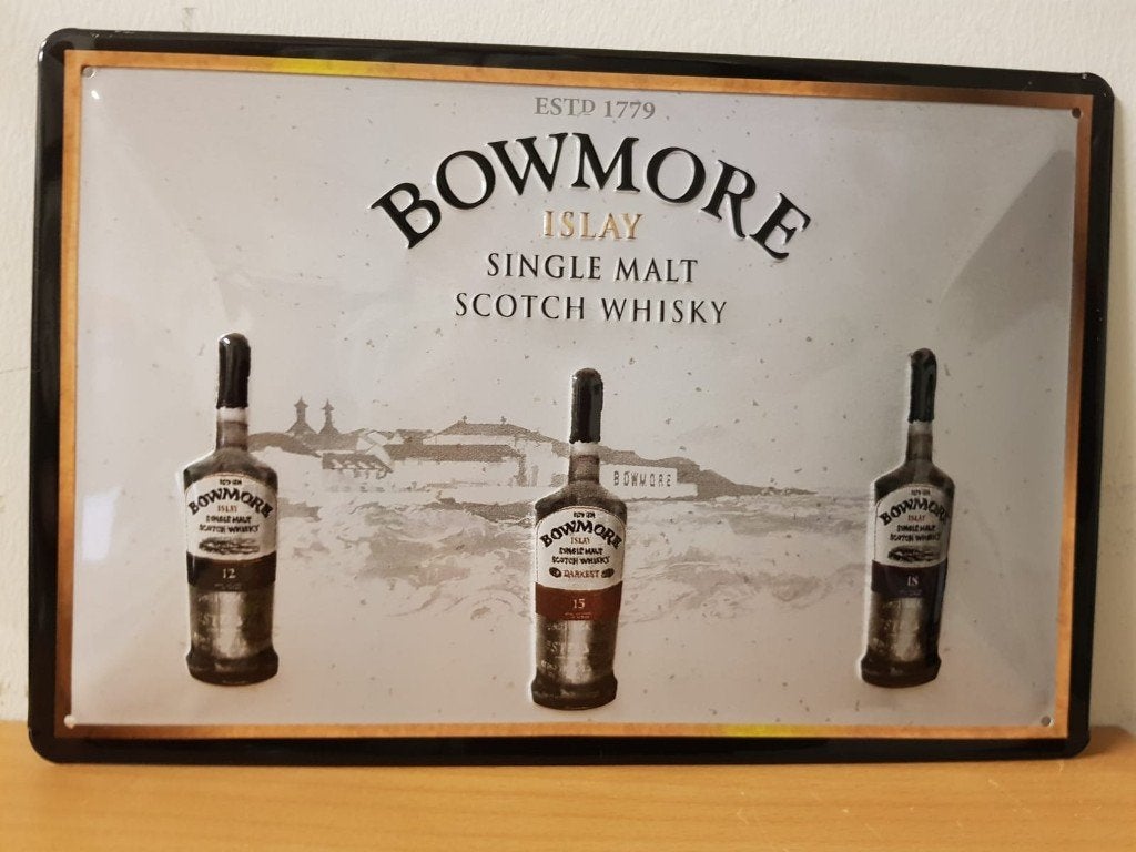 Bowmore single malt whisky relief reclamebord van metaal, Reclamebord, Info@deconoord.nl, Deco Noord, Nieuw