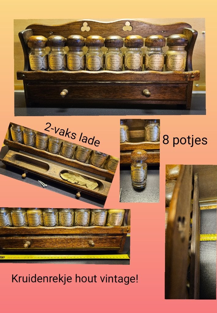 Houten kruidenrekje, gaaf, 8 potjes met 2 vaks lade vintage!, Huis en Inrichting, Overige typen, Hout, Ophalen of Verzenden, Zo goed als nieuw