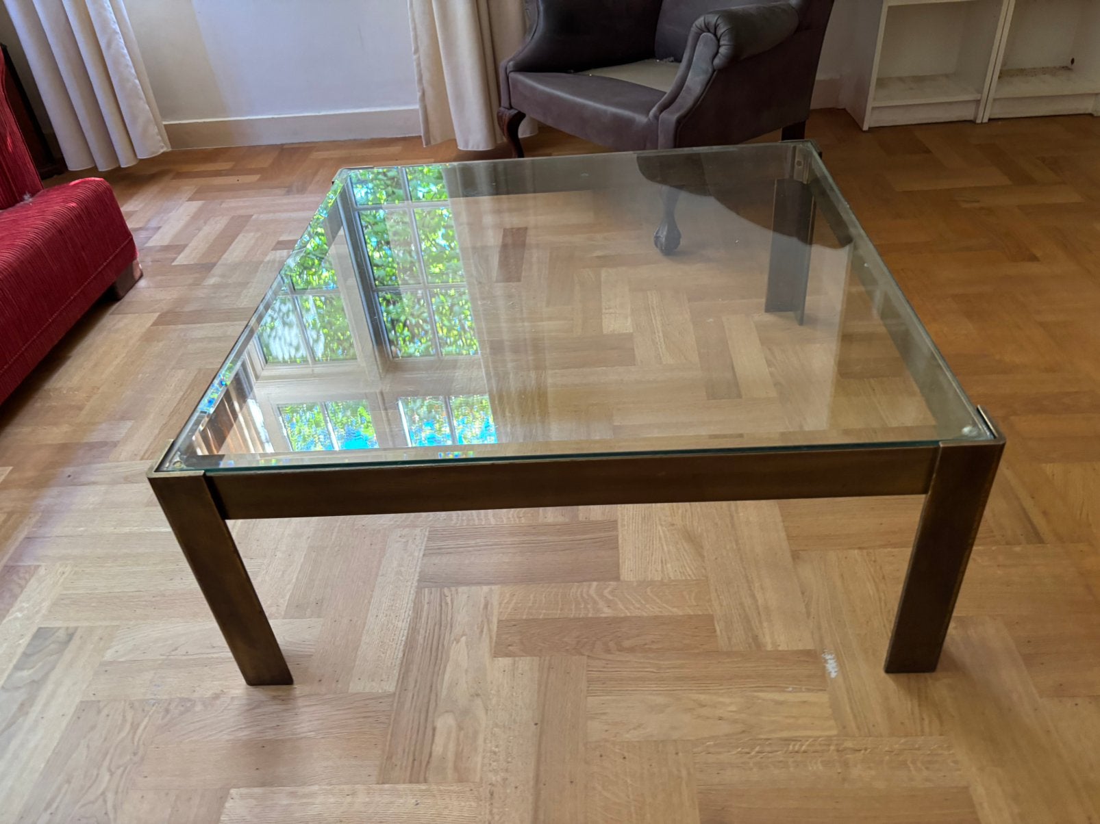 Vintage Hollywood Regency design messing glas tafel, Gebruikt, ., Rechthoekig, .