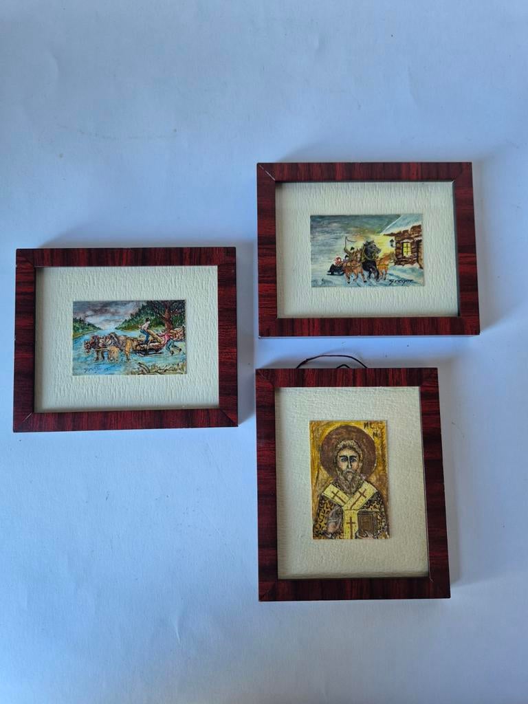 Set van 3 ingelijste miniaturen: iconen en landschappen, Antiek en Kunst, Ophalen of Verzenden