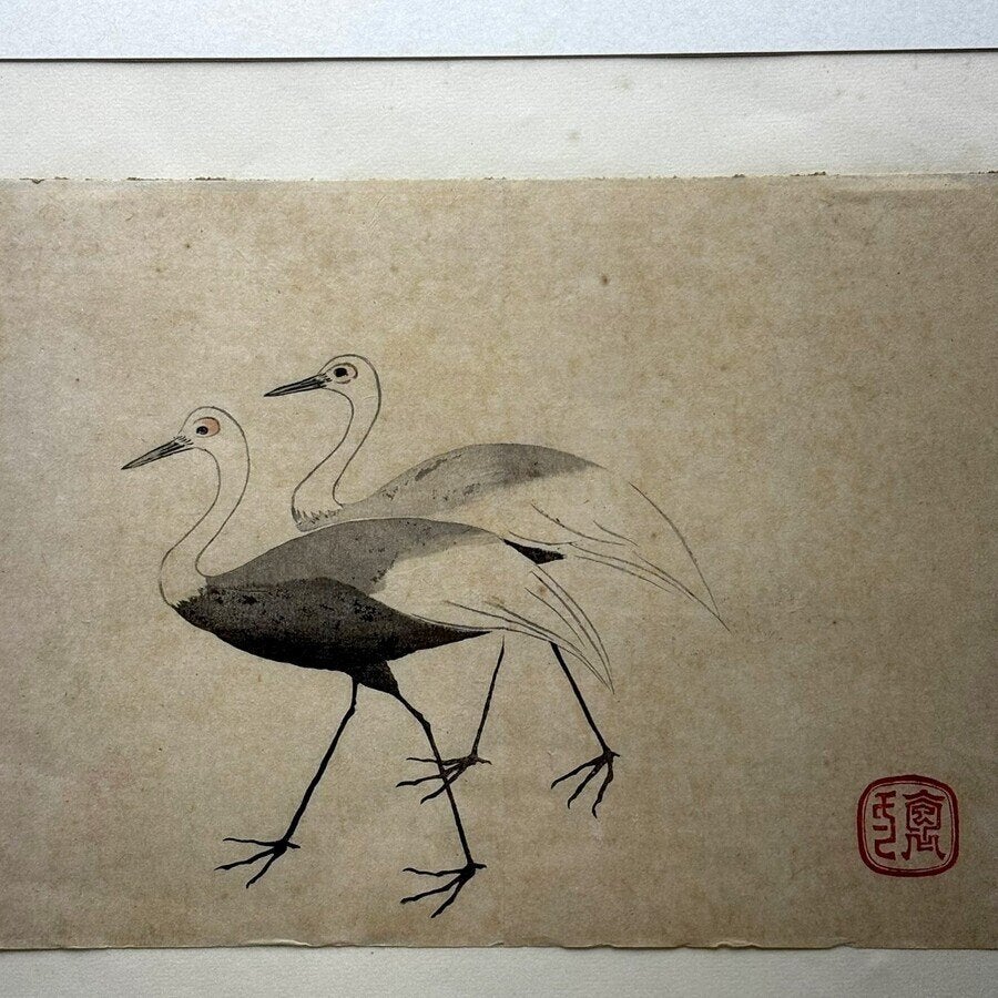 Sakai Hōitsu (1761-1828) - twee kraanvogels, Antiek en Kunst, Ophalen of Verzenden, Flora en Fauna, Houtsnede, Ingelijst