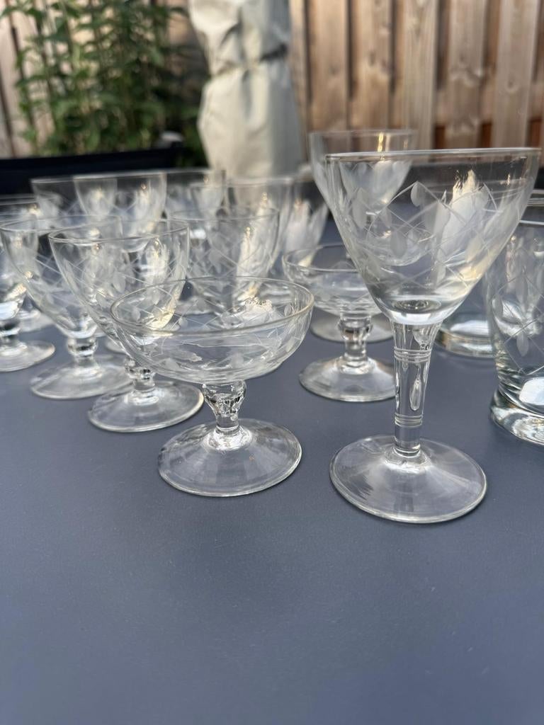 17 Vintage Glaasjes met Bladpatroon - Diverse Maten, Ophalen