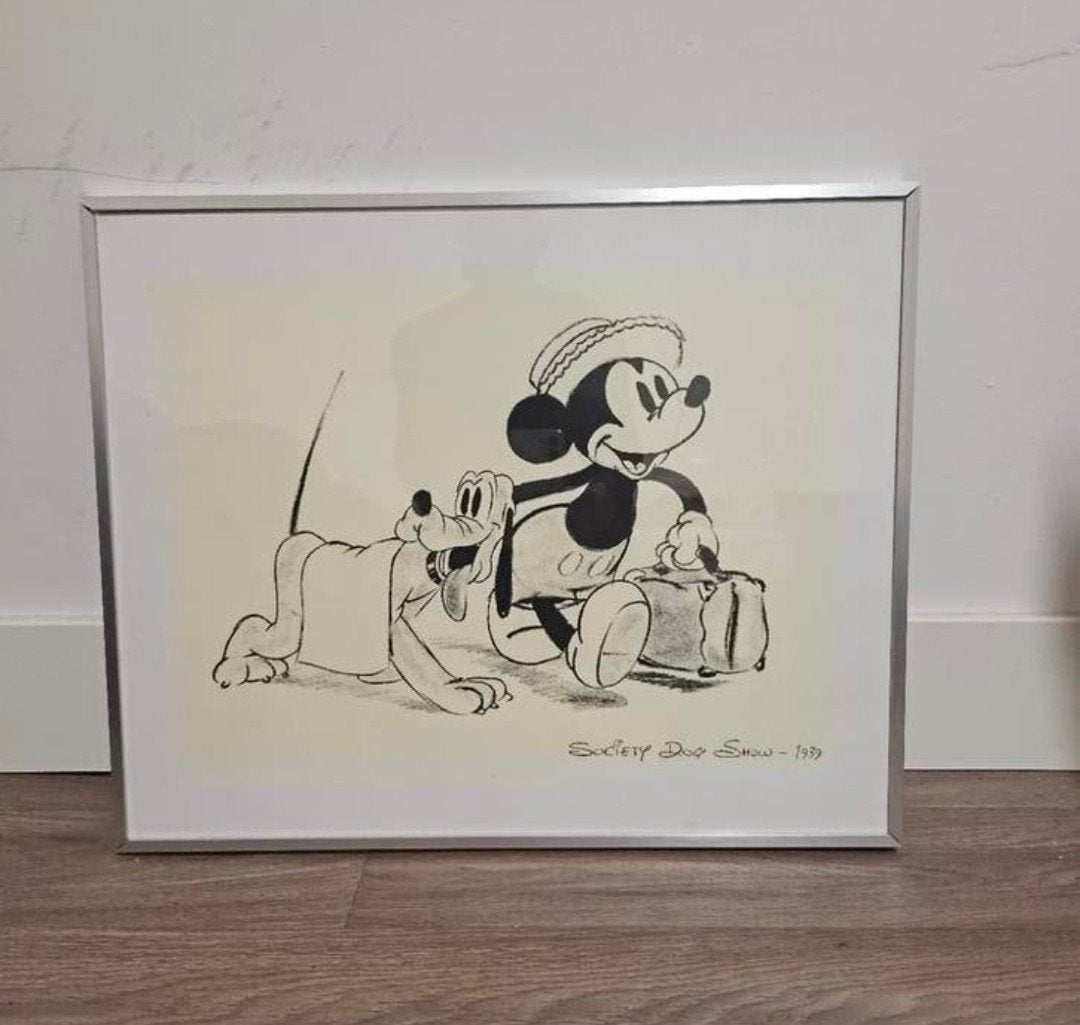 Vintage Disney Zeefdruk - Mickey Mouse & Pluto, Ingelijst, Ophalen, Personages en Fantasiefiguren, Zeefdruk