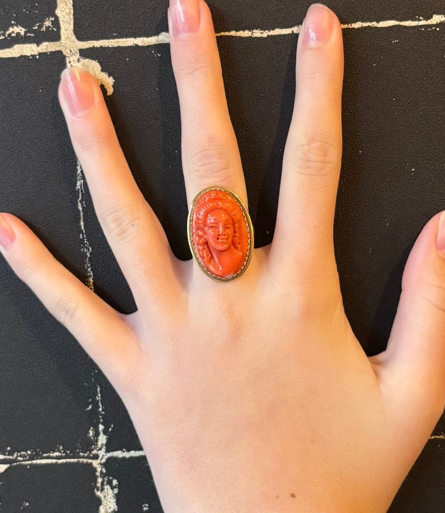 Bloedkoraal camee robuuste 18k gouden ring dames vintage, Ophalen of Verzenden, Goud, Ring, Met edelsteen
