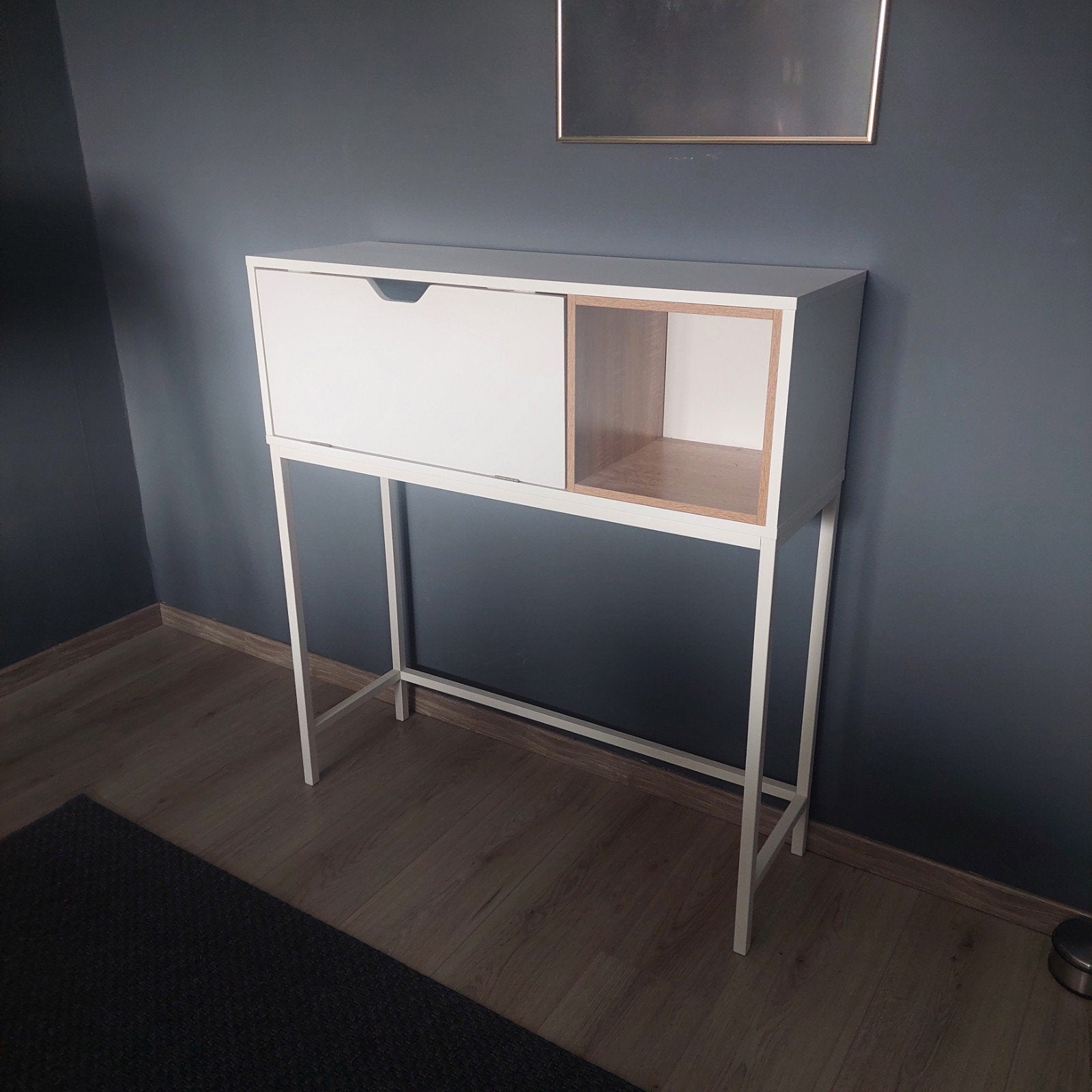 Side table wit met eiken accent en opbergruimte, Ophalen, 50 tot 100 cm, Zo goed als nieuw, Metaal