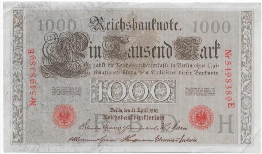1000 Mark 1910 Reichsbanknote; two red seals  89E, Verzenden, Duitsland, Los biljet