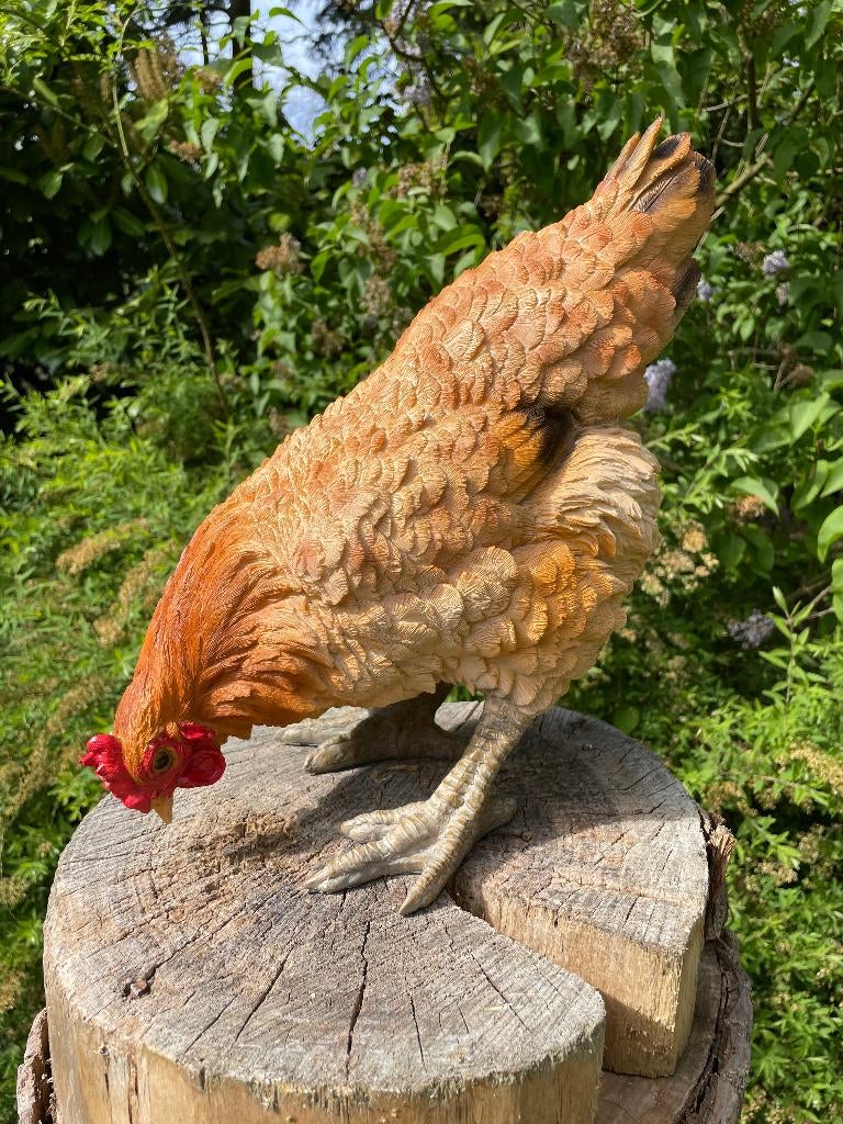 Beeld kip, pikkend, Beige, tuin, gazon, boerderij 35cm, Verzenden, Nieuw, Kunststof, Dierenbeeld
