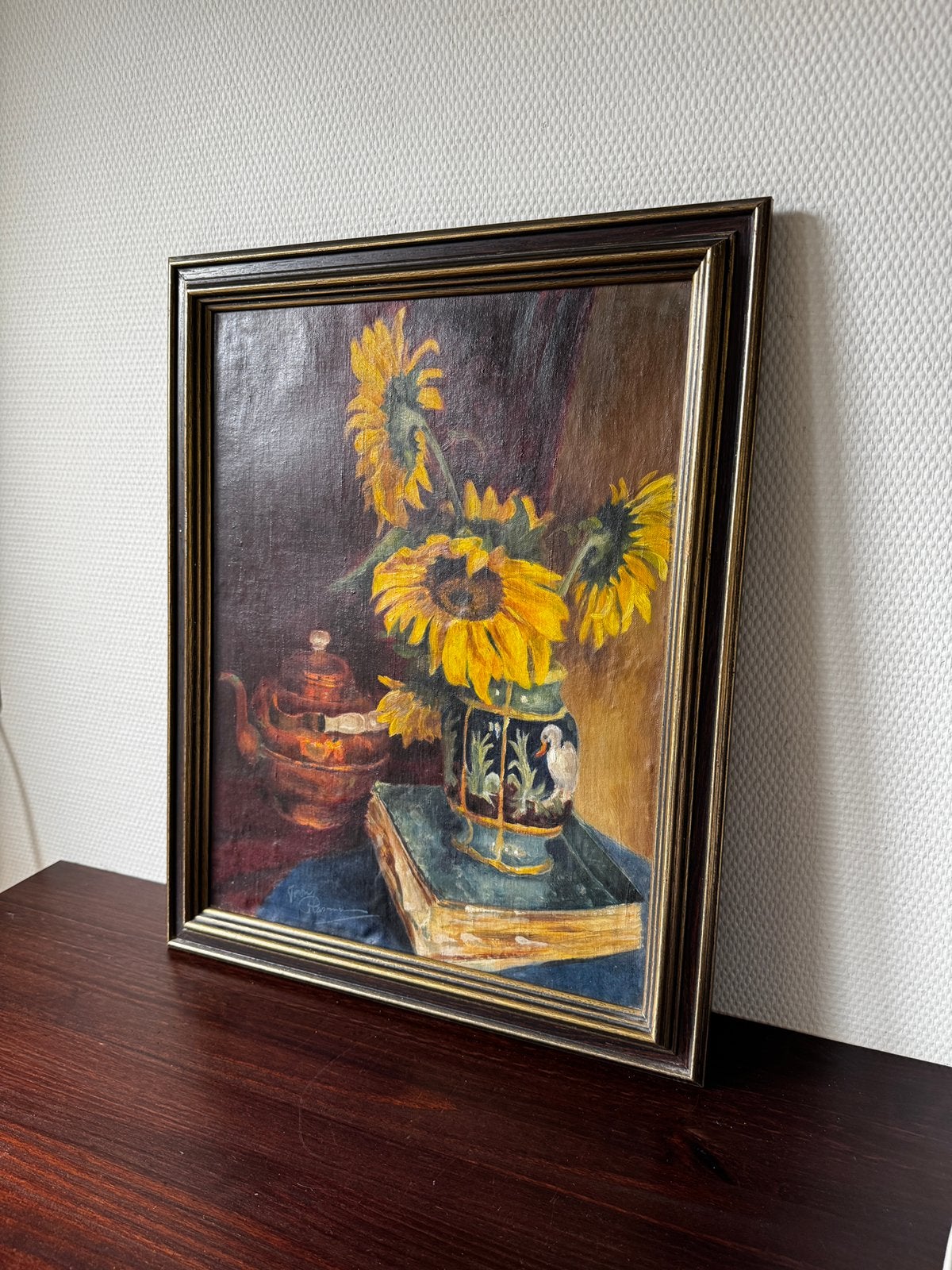 Antiek Schilderij, Stilleven op Doek, Olieverf, Zonnebloemen, Antiek en Kunst, Doek, Stilleven, Ophalen of Verzenden, Olieverf