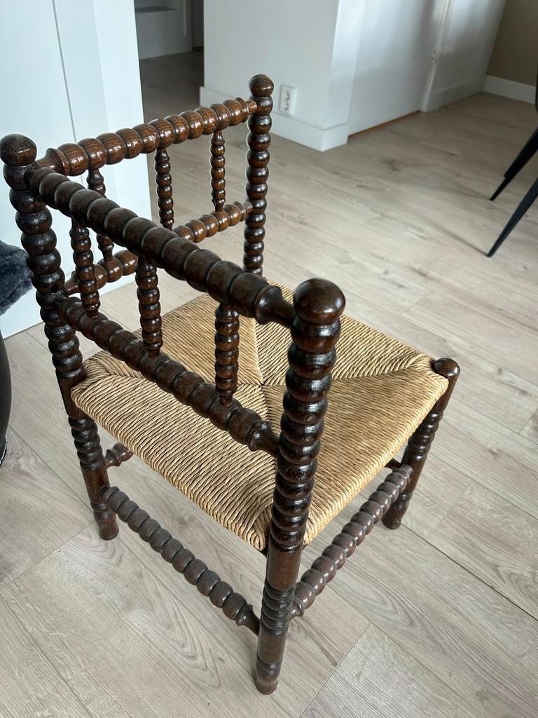 Vintage houten krukje met rieten zitting, Ophalen, Gebruikt, Hout