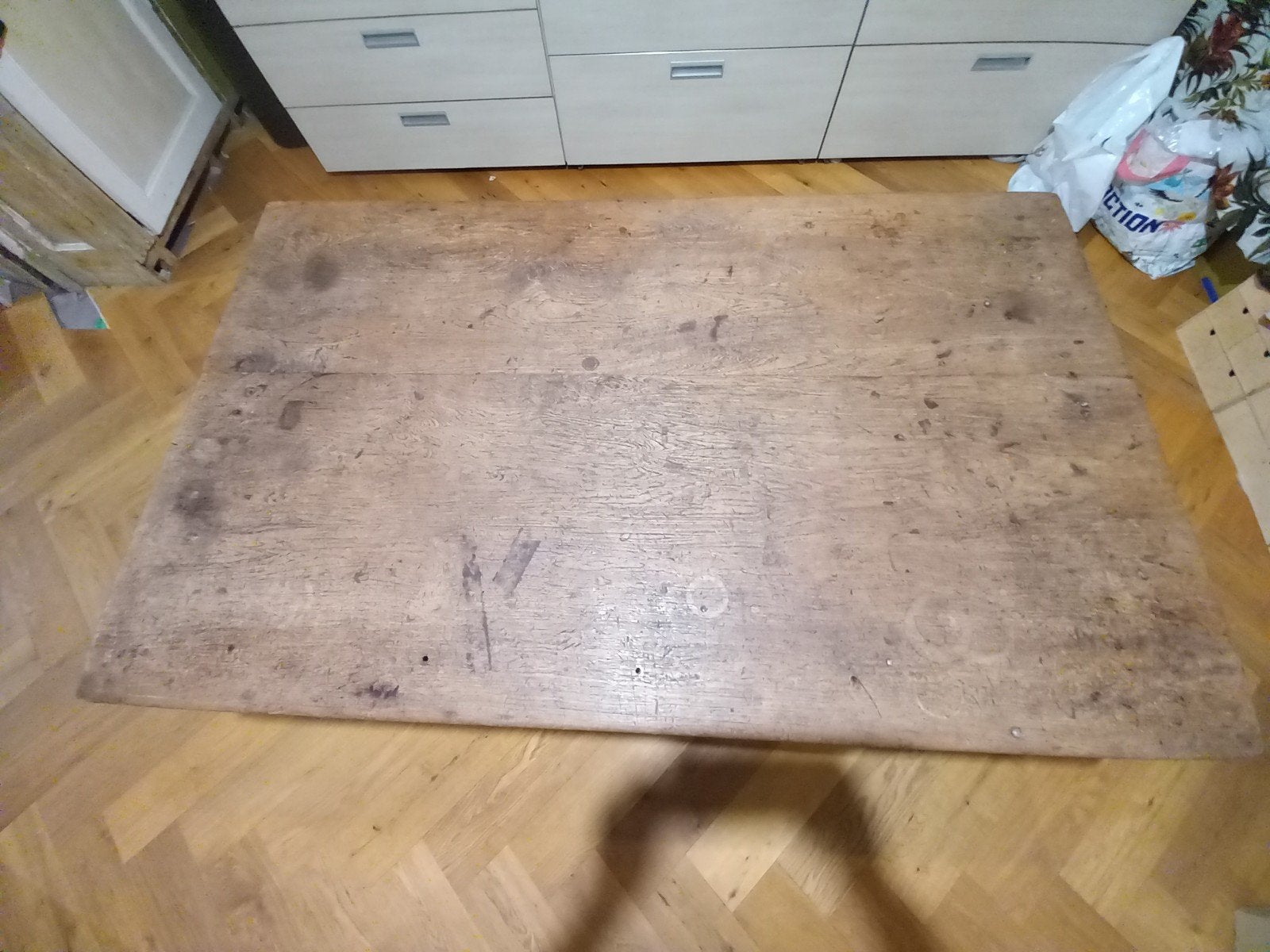 Antieke houten tafel met metalen onderstel 150x90, Ophalen, Gebruikt, Industrieel, Landelijk, 50 tot 100 cm